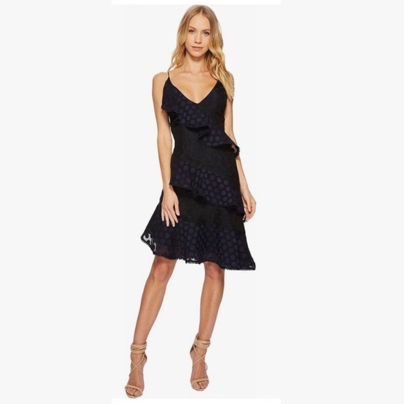 KEEPSAKE the Label || See You Know Tiered Ruffle Polka Dot Cocktail Dress Navy S - Picture 1 of 9